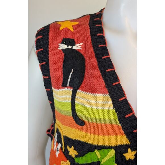 Tiara Vintage Halloween Sweater Vest Large Black Orange Green Pumpkins Cats - Picture 4 of 13